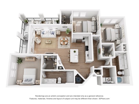 A 3D floor plan of a house with various rooms and furniture.